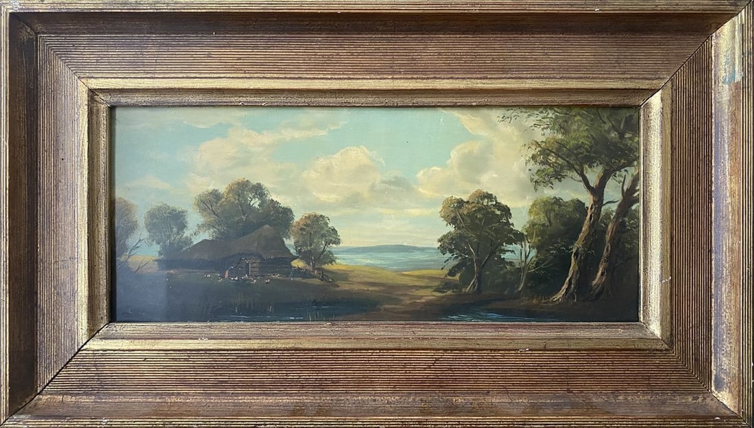 Oil painting House on the outskirts European artist: Title: Oil painting House on the outskirts European artist Description: NoVerne 374*** ABOUT THIS PAINTING **** TITLE: "House on the outskirts"* ARTISTS: European artist* SIZE: 15x35 cm/'5.90x13.77