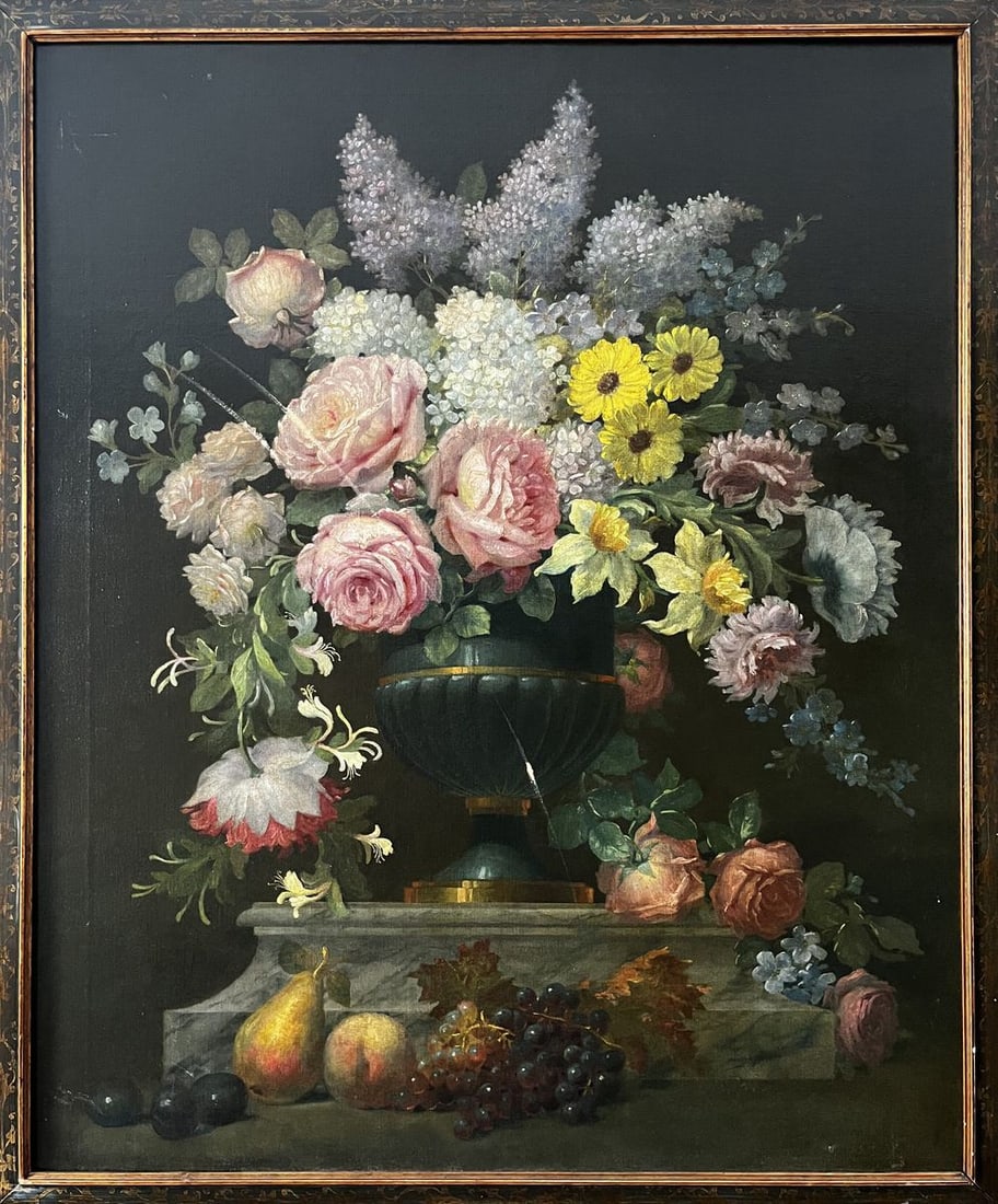 Oil painting Vase with flowers and fruits European artist (1 of 11)