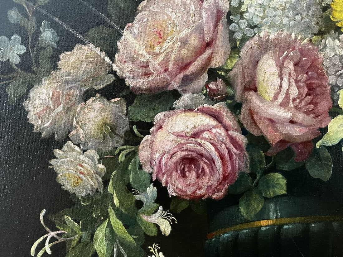 Oil painting Vase with flowers and fruits European artist - 6