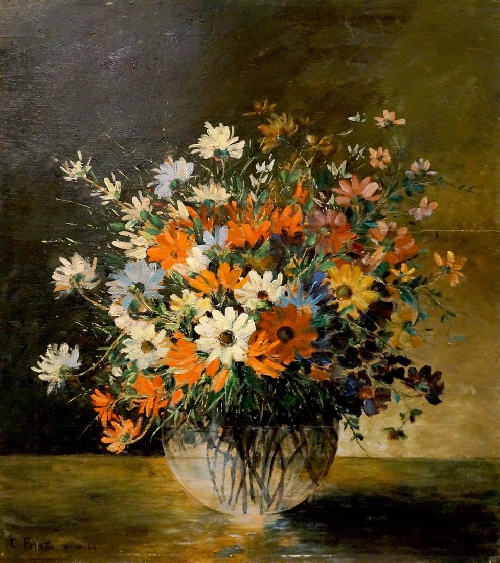 Oil painting Flowers: Title: Oil painting Flowers Description: NoVerne 43 *** ABOUT THIS PAINTING *** * TITLE: "Flowers" * ARTISTS: Unknown artist * SIZE: 80x70 cm/'31.49x27.55 inches' * MEDIUM: oil, wood * HAND PAINTED: O