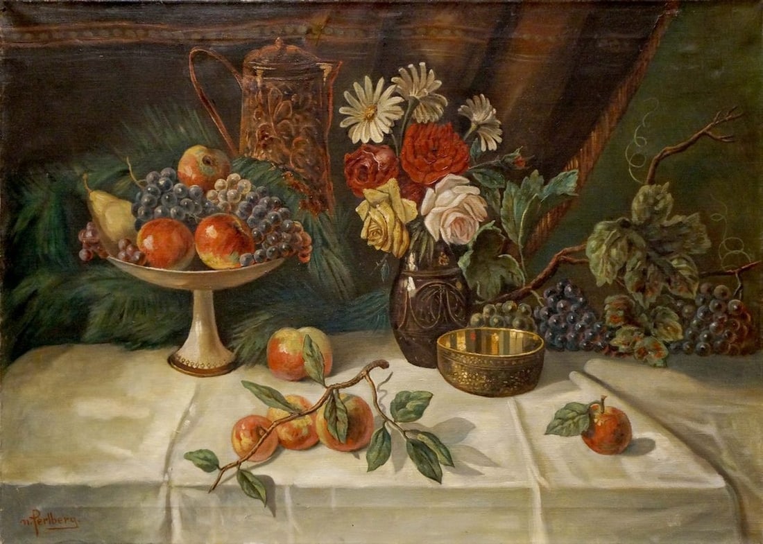 Oil painting The table is set N. Perlberg: Title: Oil painting The table is set N. Perlberg Description: NoVerne 54 *** ABOUT THIS PAINTING *** * TITLE: "The table is set" * ARTISTS: N. Perlberg * SIZE: 64x90 cm/'25.19x35.43 inches' * MEDIUM: 