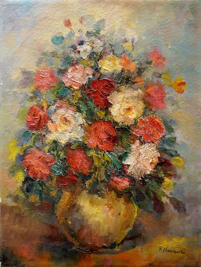 Oil painting Flowers K. Wasilewska: Title: Oil painting Flowers K. Wasilewska Description: NoVerne 60 *** ABOUT THIS PAINTING *** * TITLE: "Flowers" * ARTISTS: K. Wasilewska * SIZE: 60x50 cm/'23.62x19.68 inches' * MEDIUM: oil, canvas * 