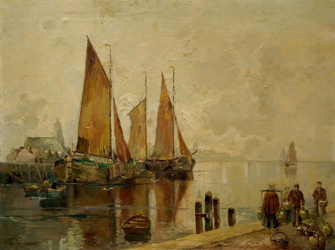 Oil painting The ship arrived in the city V. Jensen (1 of 8)