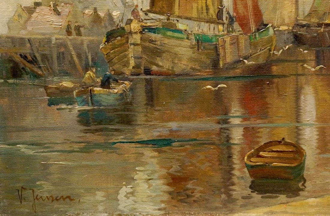 Oil painting The ship arrived in the city V. Jensen - 2