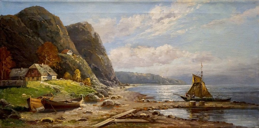 Oil painting Landscape near the coast: Title: Oil painting Landscape near the coast Description: NoVerne 95 *** ABOUT THIS PAINTING *** * TITLE: "Landscape near the coast" * ARTISTS: Unknown artist * SIZE: 80x40 cm/'31.49x15.74 inches' * M