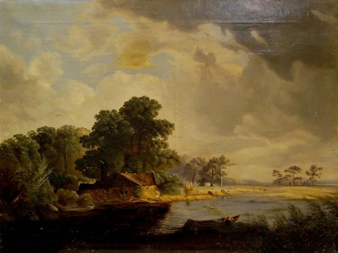 Oil painting Evening landscape: Title: Oil painting Evening landscape Description: NoVerne 125 *** ABOUT THIS PAINTING *** * TITLE: "Evening landscape" * ARTISTS: Unknown artist * SIZE: 63x82 cm/'24.80x32.28 inches' * MEDIUM: oil, c