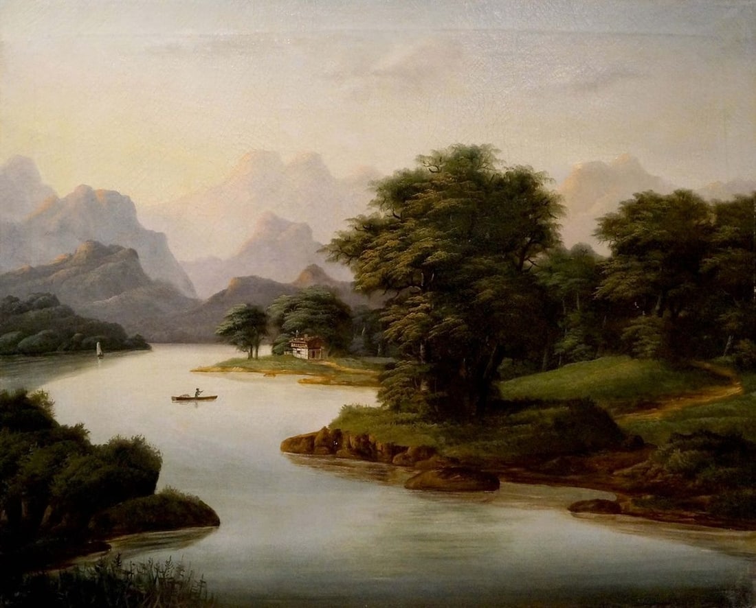 Oil painting River landscape: Title: Oil painting River landscape Description: NoVerne 137 *** ABOUT THIS PAINTING *** * TITLE: "River landscape" * ARTISTS: Unknown artist * SIZE: 67x82 cm/'26.37x32.28 inches' * MEDIUM: oil, canva