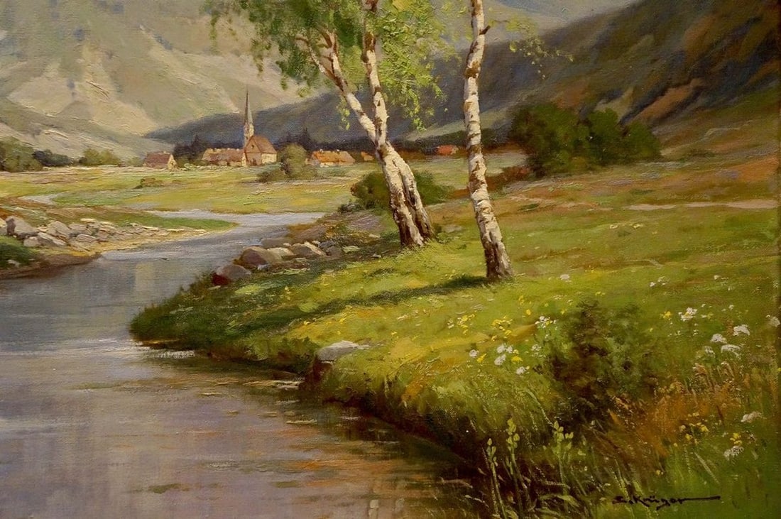 Oil painting Village by the mountain - 5
