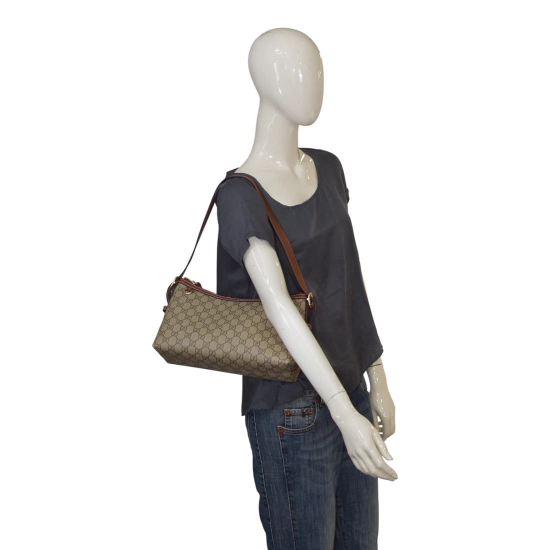 Gucci GG Emblem Medium Shoulder Bag Beige Canvas Brown Leather Trim - 19
