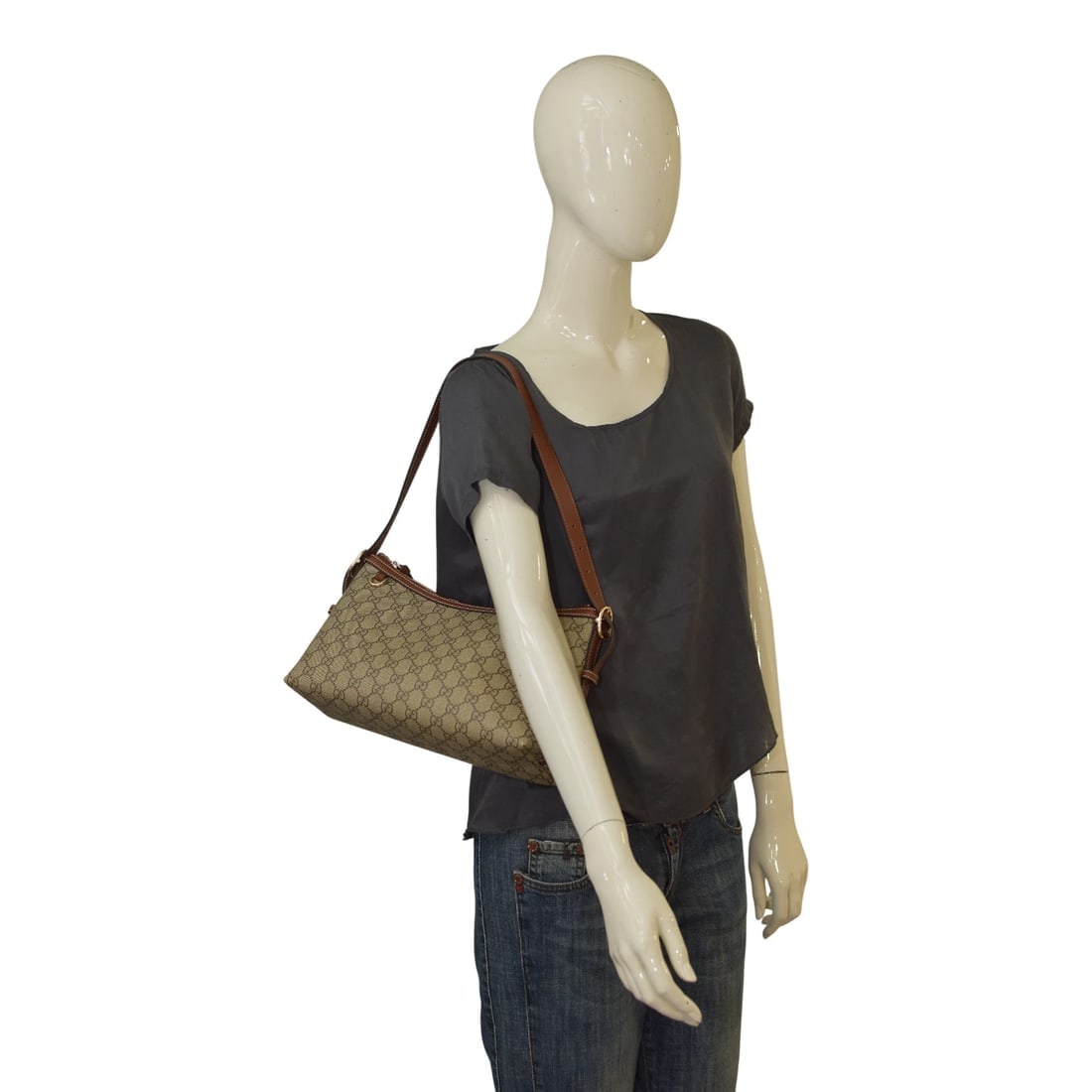 Gucci GG Emblem Medium Shoulder Bag Beige Canvas Brown Leather Trim - 20