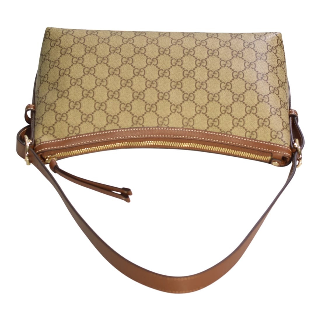 Gucci GG Emblem Medium Shoulder Bag Beige Canvas Brown Leather Trim - 3