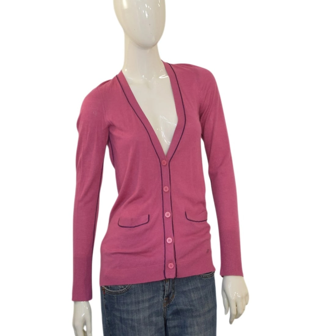 Le Spoke Zac Posen Pink Viscose Silk Cashmere Cardigan Sweater Purple Pipping M (1 of 9)
