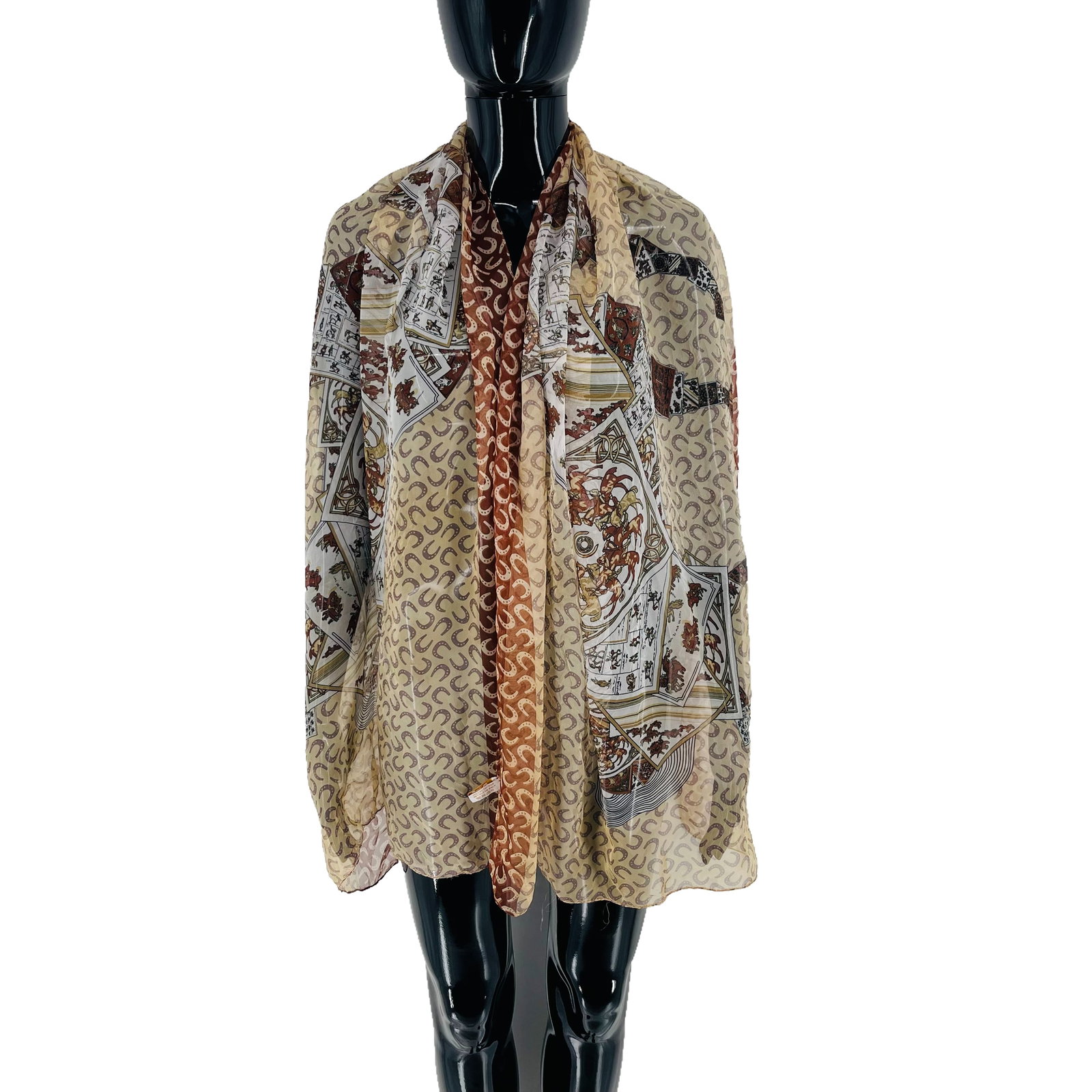 Hermes Light Brown Printed 100% Silk Scarf: Title: Hermes Light Brown Printed 100% Silk Scarf Brand:HERMES Date/Period:Modern Materials:100% Silk Size:One Size Description:Hermes Light Brown Printed 100% Silk Scarf Reserve: $100.00 Shipping: Do