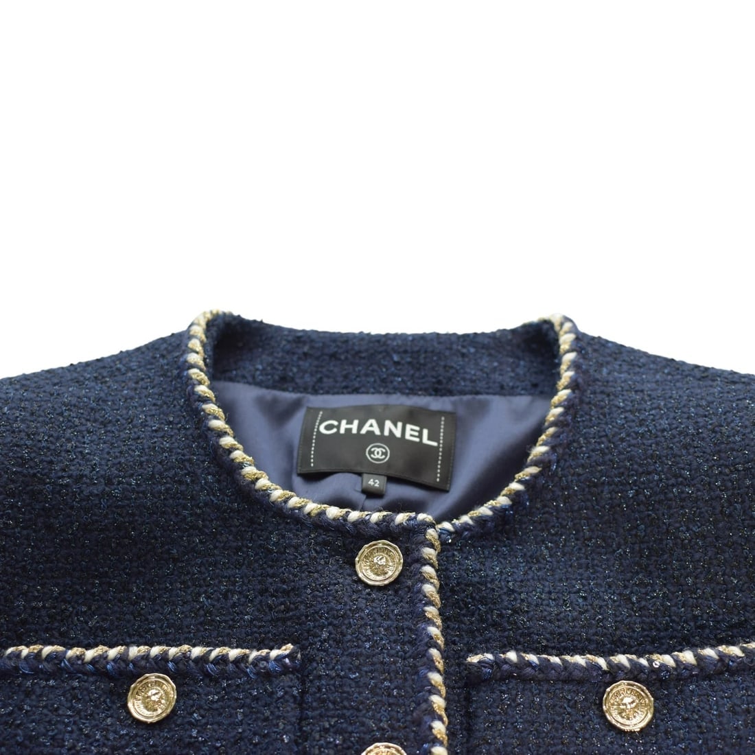 Chanel Navy Blue Tweed Short Sleeve Jacket FR 42 | Gold Buttons | Made in France - 13