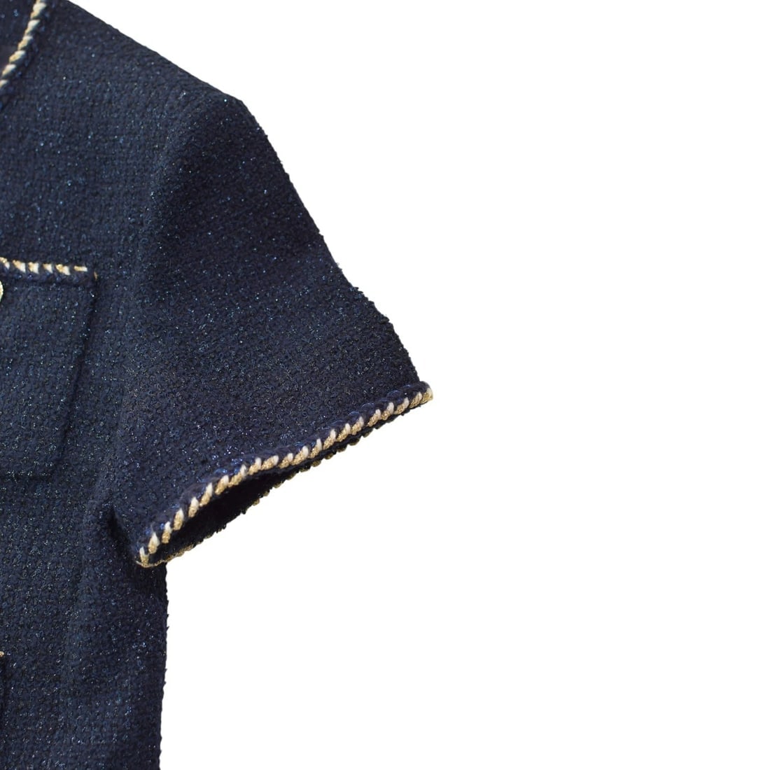 Chanel Navy Blue Tweed Short Sleeve Jacket FR 42 | Gold Buttons | Made in France - 14