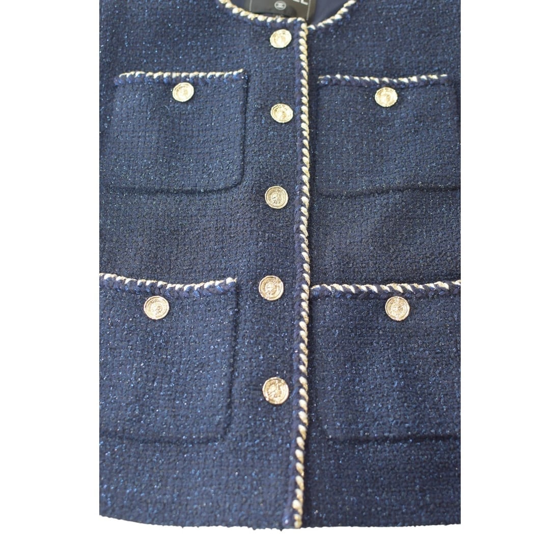 Chanel Navy Blue Tweed Short Sleeve Jacket FR 42 | Gold Buttons | Made in France - 15