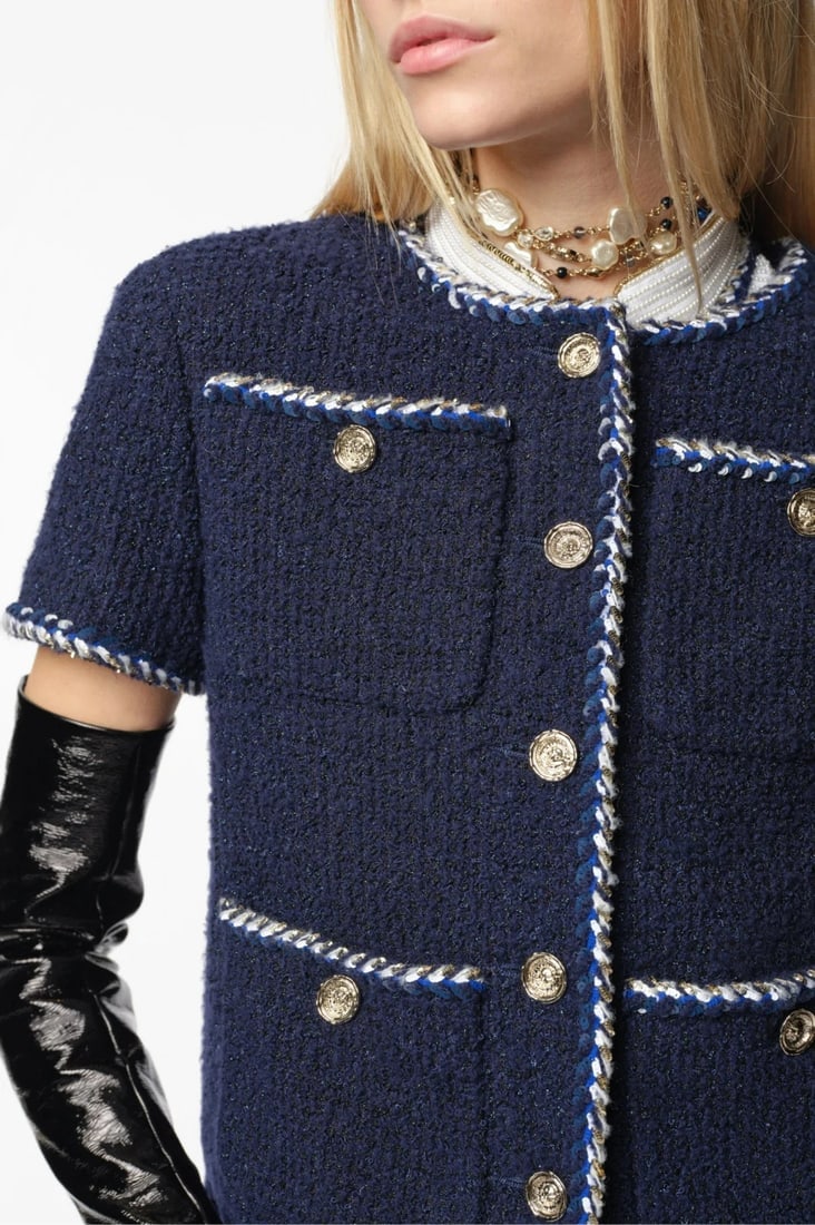 Chanel Navy Blue Tweed Short Sleeve Jacket FR 42 | Gold Buttons | Made in France: Title: Chanel Navy Blue Tweed Short Sleeve Jacket FR 42 | Gold Buttons | Made in France Description:Moschino Cheap & Chic Multicolored Floral Three Button Blazer Cotton Jacket 46 Chanel Navy Blue Twee