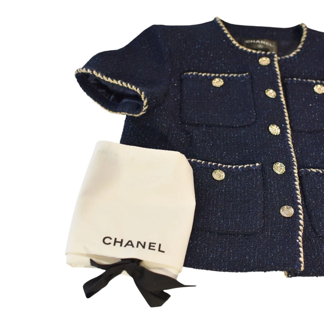 Chanel Navy Blue Tweed Short Sleeve Jacket FR 42 | Gold Buttons | Made in France - 20