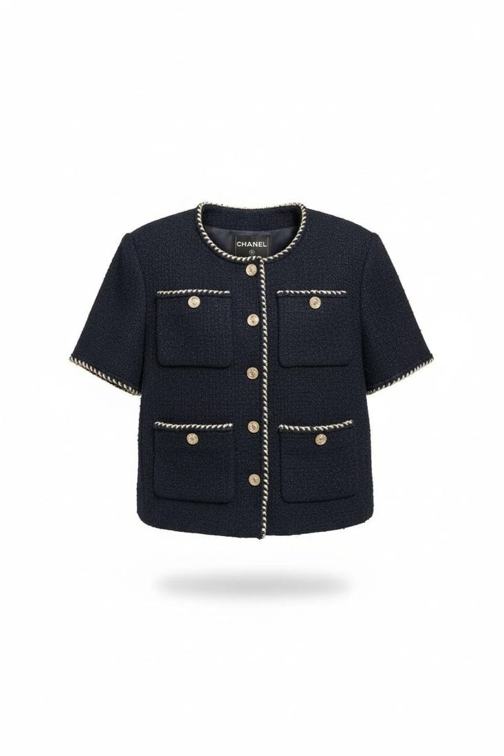 Chanel Navy Blue Tweed Short Sleeve Jacket FR 42 | Gold Buttons | Made in France - 2