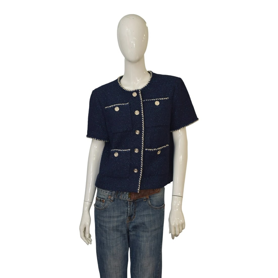 Chanel Navy Blue Tweed Short Sleeve Jacket FR 42 | Gold Buttons | Made in France - 4