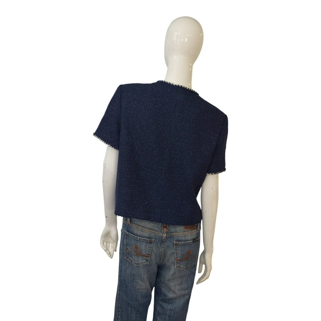 Chanel Navy Blue Tweed Short Sleeve Jacket FR 42 | Gold Buttons | Made in France - 5