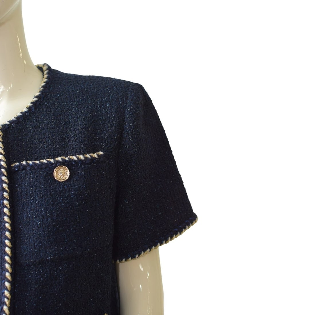 Chanel Navy Blue Tweed Short Sleeve Jacket FR 42 | Gold Buttons | Made in France - 6