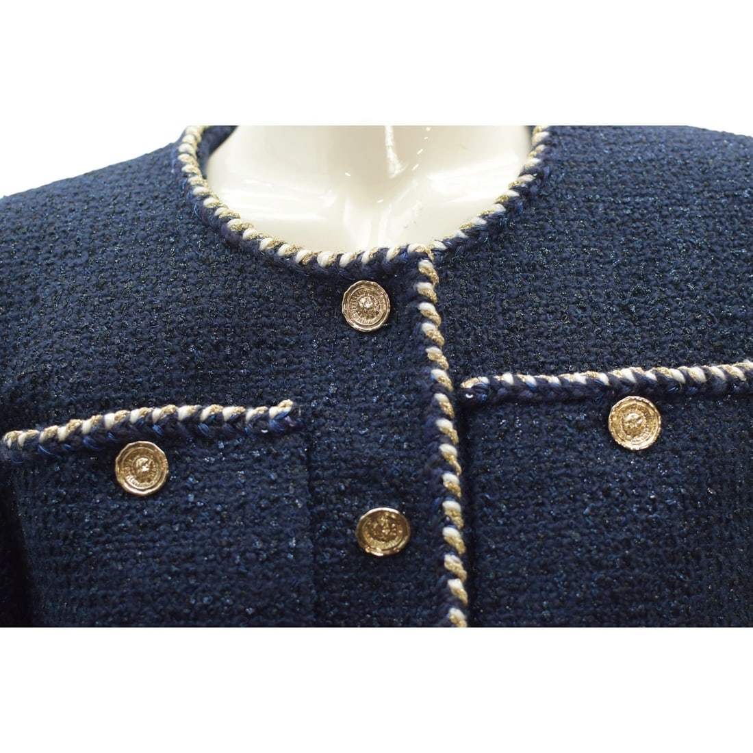 Chanel Navy Blue Tweed Short Sleeve Jacket FR 42 | Gold Buttons | Made in France - 7