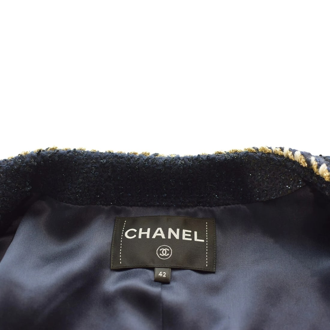 Chanel Navy Blue Tweed Short Sleeve Jacket FR 42 | Gold Buttons | Made in France - 8