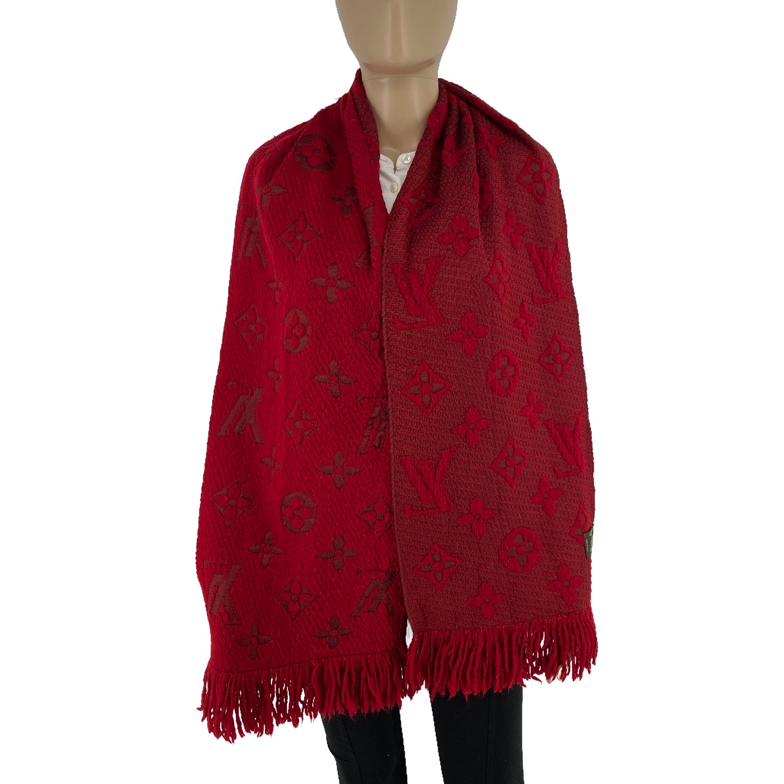 Louis Vuitton Red Thick Wool & Silk Scarf: Title: Louis Vuitton Red Thick Wool & Silk Scarf Brand:Louis Vuitton Date/Period:Vintage Materials:94% Wool 6% Silk Size:One Size Description:Louis Vuitton Red Thick Wool & Silk Scarf Reserve: $170.00