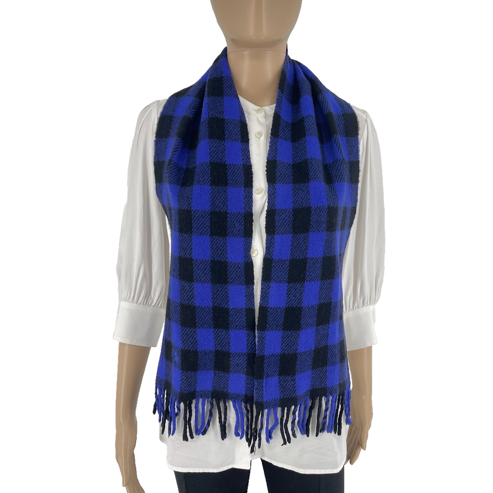Polo Ralph Lauren Navy Blue Plaid 100% Wool Scarf (1 of 9)