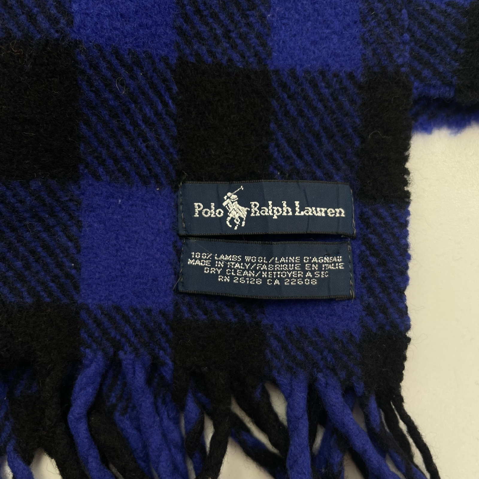 Polo Ralph Lauren Navy Blue Plaid 100% Wool Scarf - 6