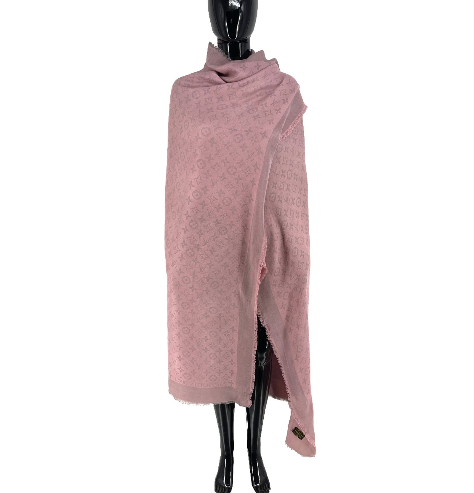 Louis Vuitton Brown Monogram Silk Wool Scarf: Title: Louis Vuitton Brown Monogram Silk Wool Scarf Brand:Louis Vuitton Date/Period:Modern Materials:50% Silk 30% Metal 20% Wool Size:One Size Description:Louis Vuitton Pink Monogram Silk Wool Scarf R