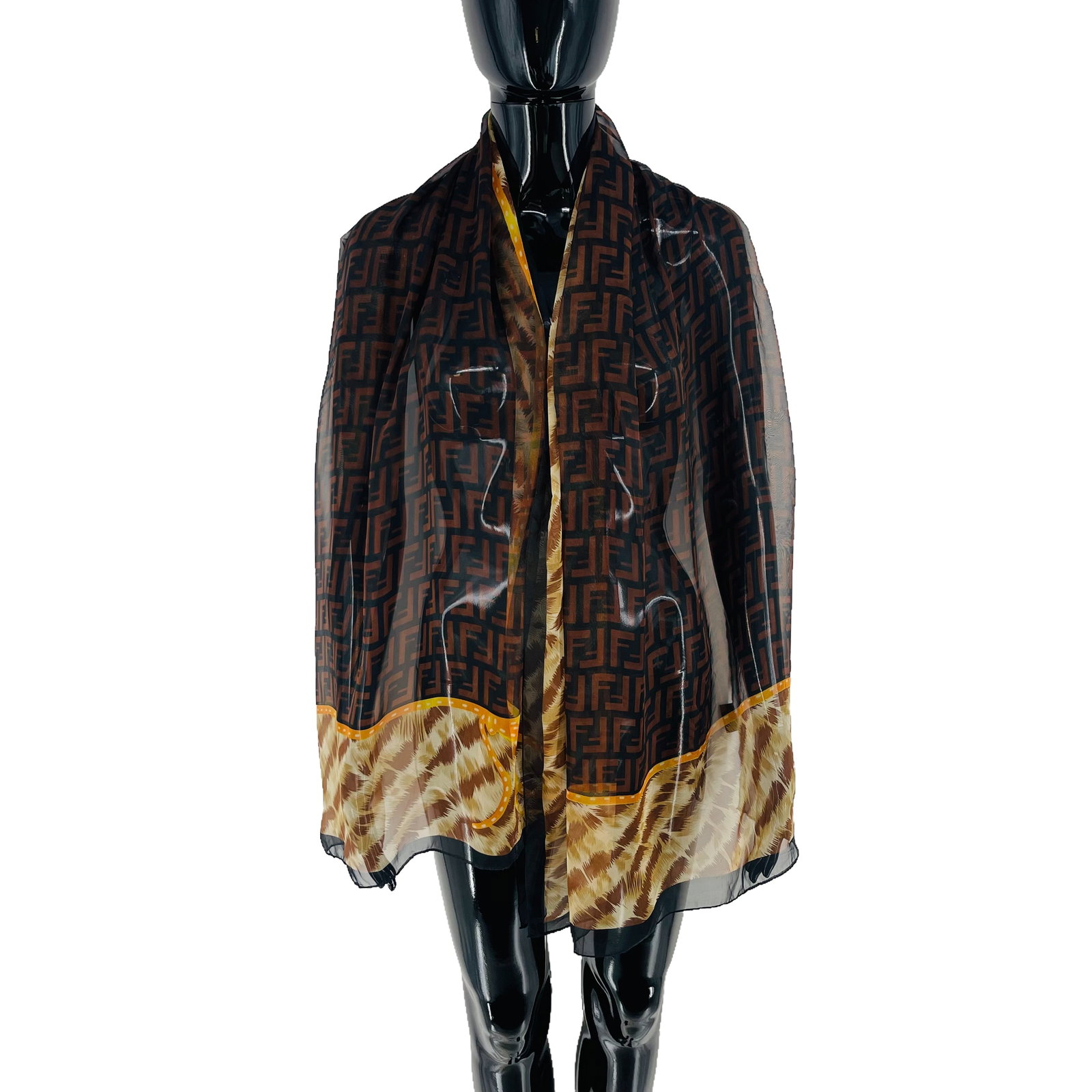 Fendi Brown Printed 100% Silk Scarf: Title: Fendi Brown Printed 100% Silk Scarf Brand:Fendi Date/Period:Modern Materials:100% Silk Size:One Size Description:Fendi Brown Printed 100% Silk Scarf Reserve: $100.00 Shipping: Domestic: Flat-ra
