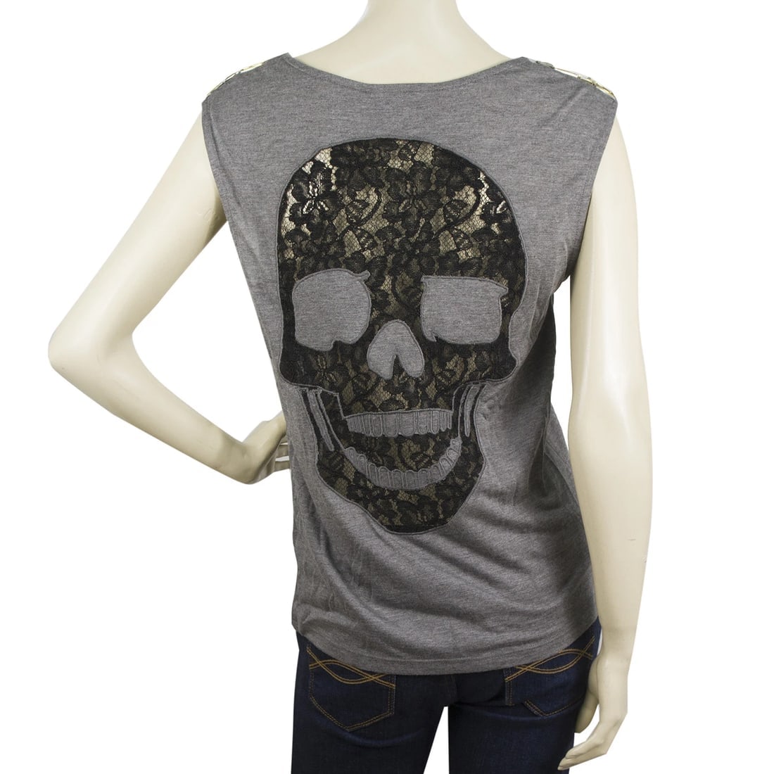 Philipp Plein gray cotton embellished top with large balck lace skull Sz M (1 of 7)