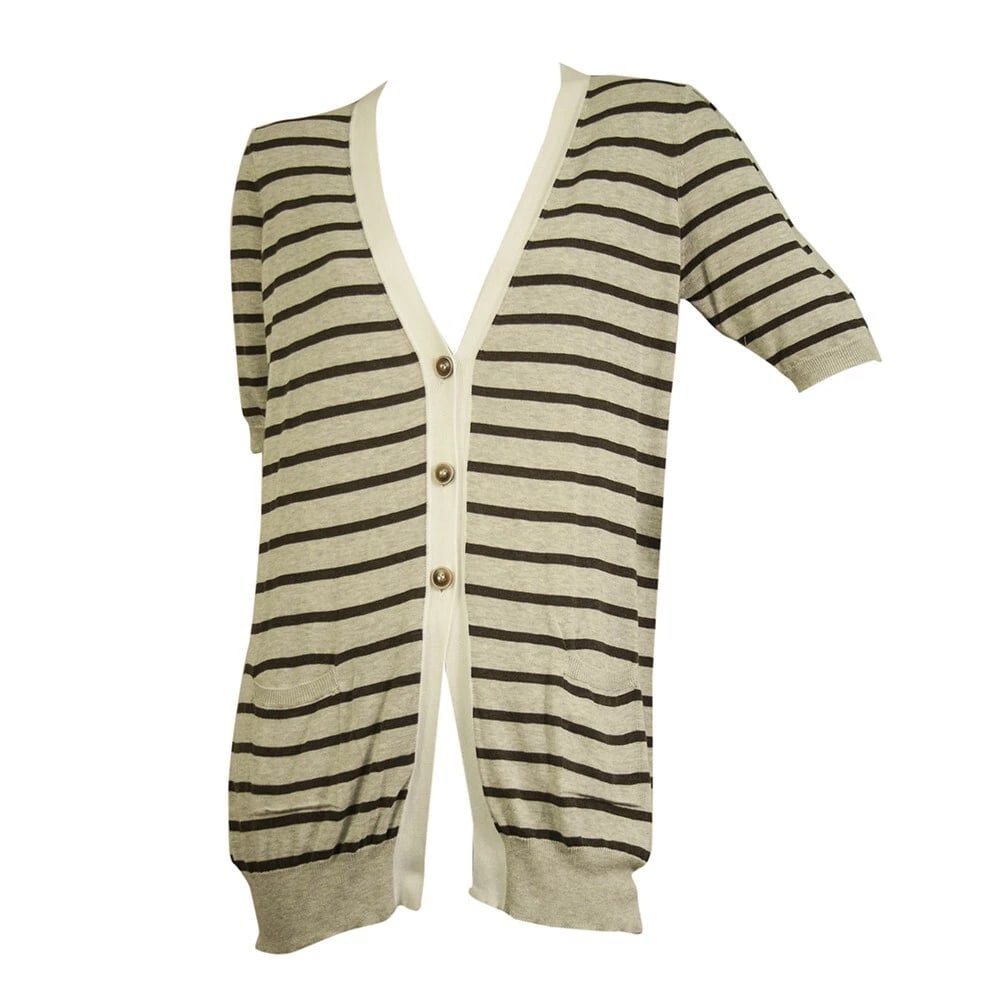 Fabiana Filippi Gray Brown Cotton Knit Striped Short Sleeve Cardigan Cardi - 6