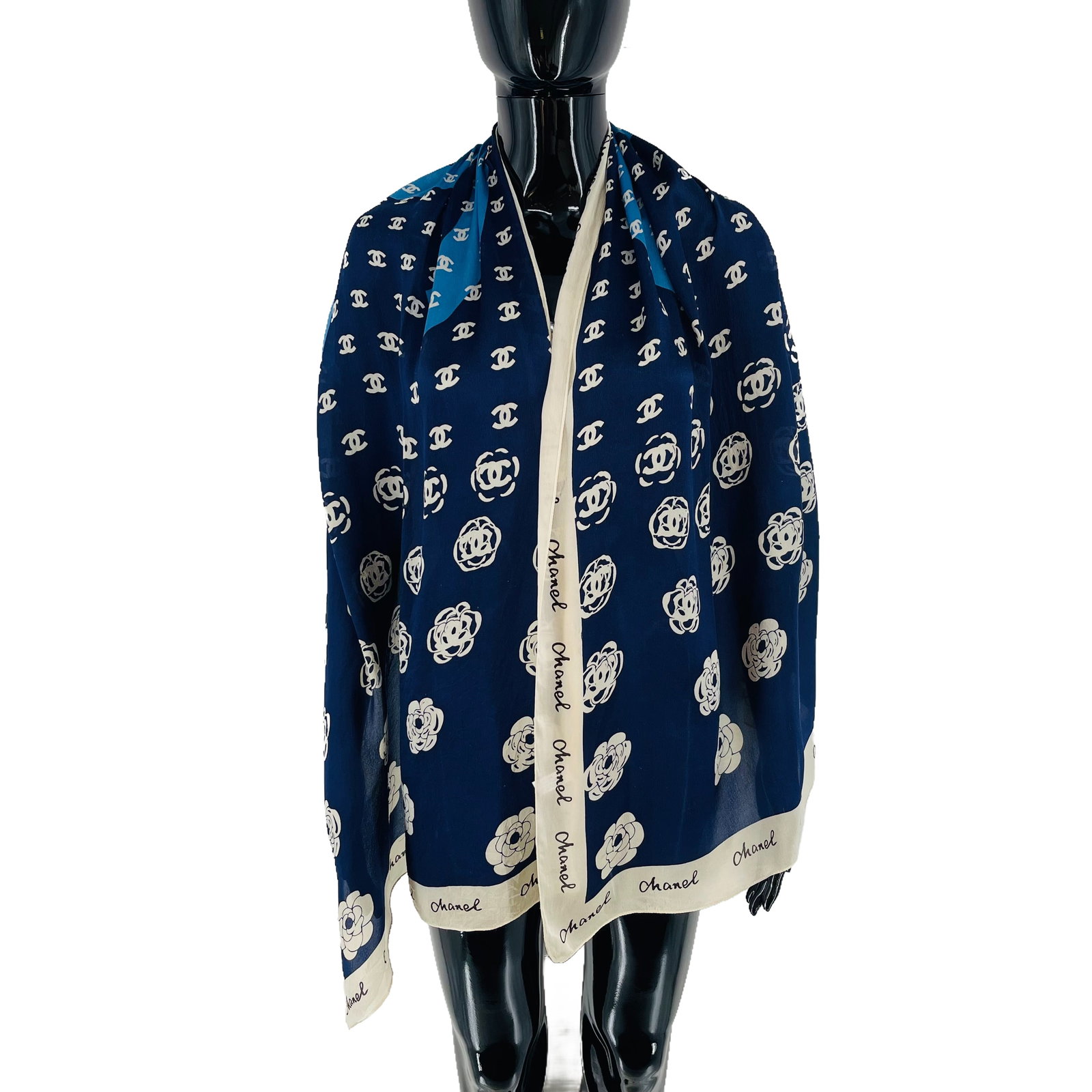 Chanel Navy Blue Monogram 100% Silk Scarf: Title: Chanel Navy Blue Monogram 100% Silk Scarf Brand:Chanel Date/Period:Modern Materials:100% Silk Size:One Size Description:Chanel Navy Blue Monogram 100% Silk Scarf Reserve: $100.00 Shipping: