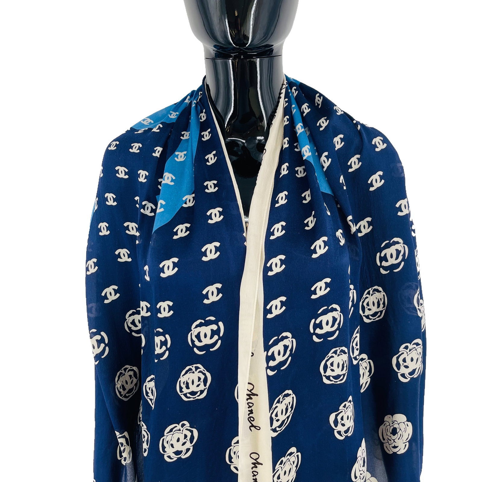 Chanel Navy Blue Monogram 100% Silk Scarf - 2