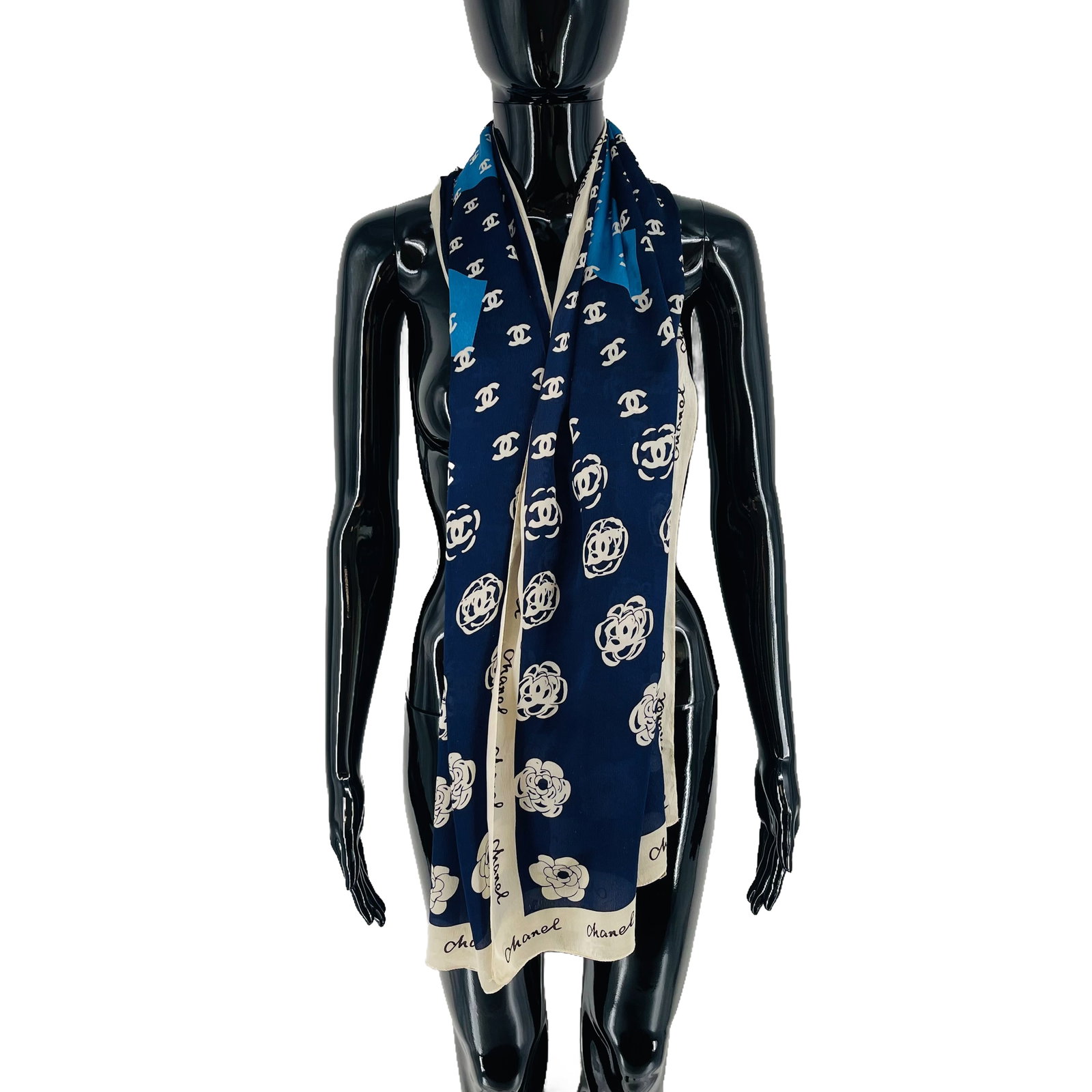 Chanel Navy Blue Monogram 100% Silk Scarf - 3