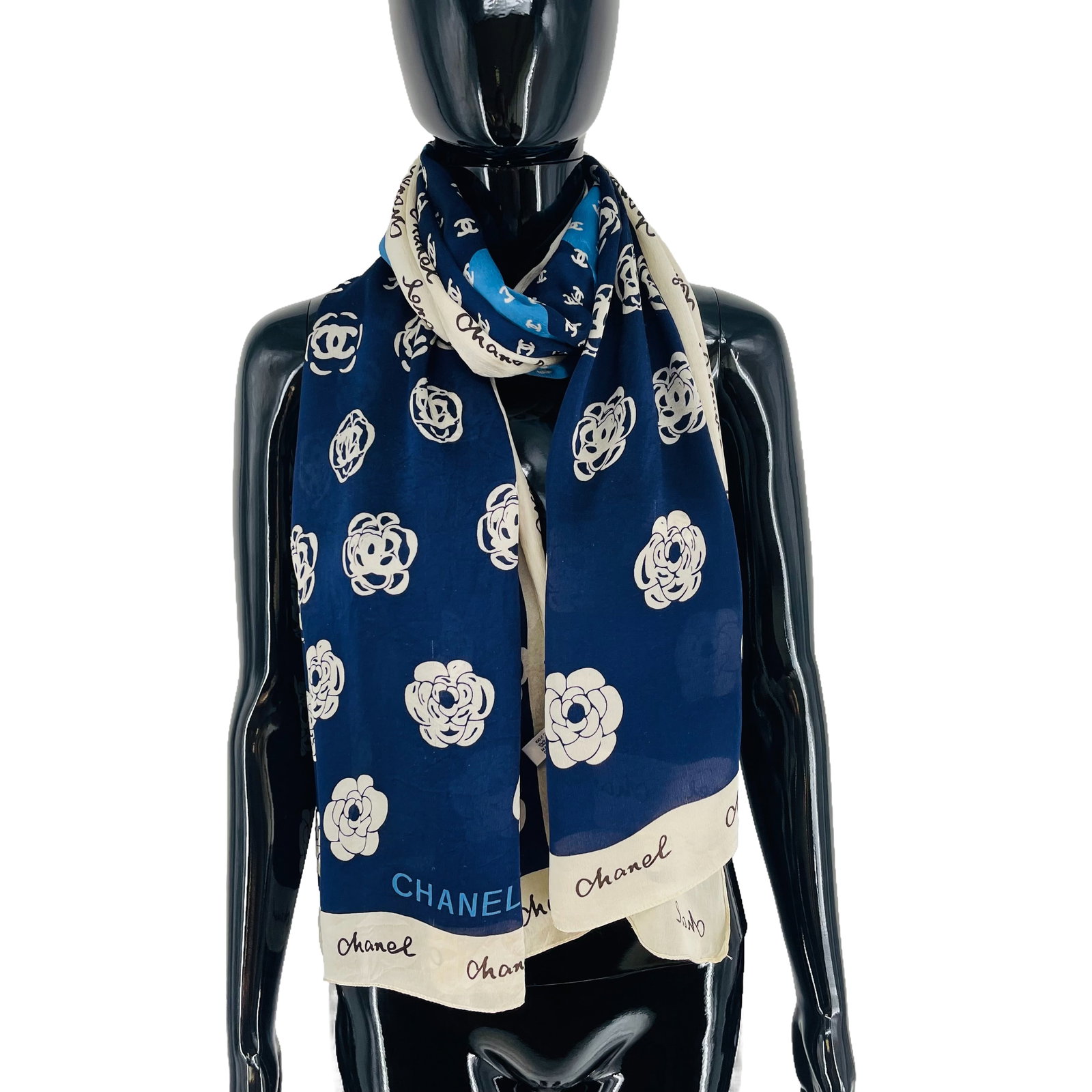 Chanel Navy Blue Monogram 100% Silk Scarf - 4
