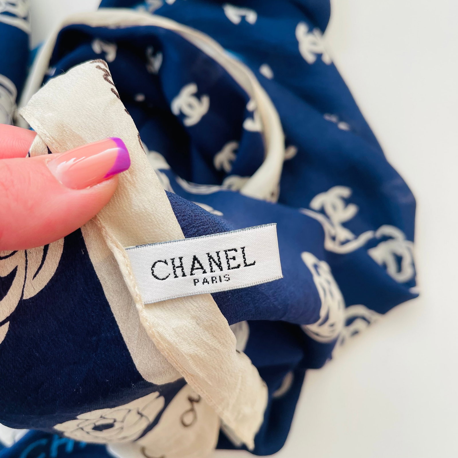 Chanel Navy Blue Monogram 100% Silk Scarf - 7