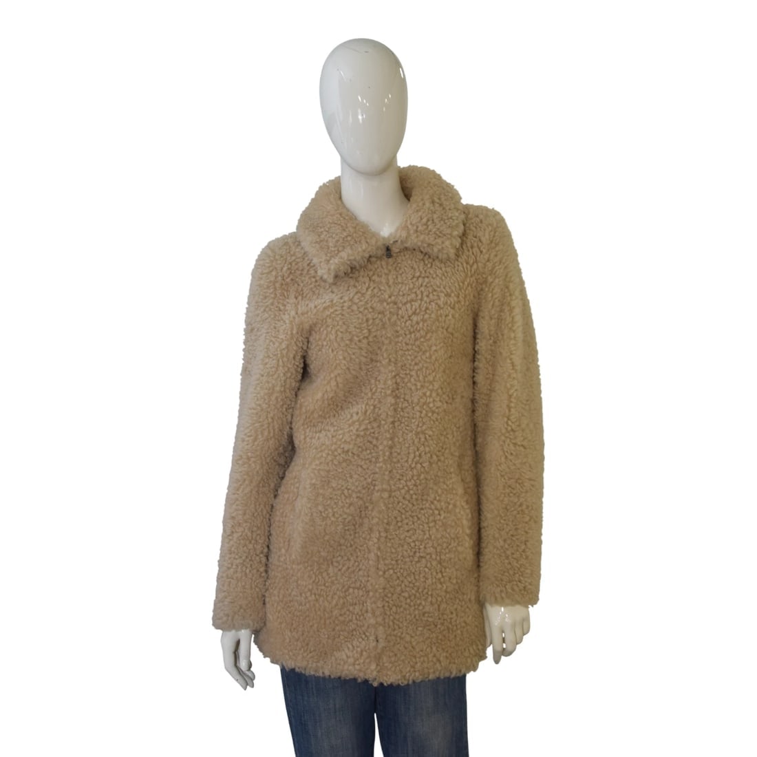 Beige Faux Shearling Teddy Coat Made in Italy – Warm Plush Jacket Size 44 (1 of 6)