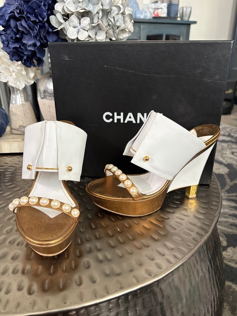 RARE 2 DIE 4 Chanel Pearl Tuxedo Heels! with box & paperwork 9: I am shocked I am selling these but I just can't wear them anymore... So sad. My absolute Favorite style of Chanel shoes! They are a tuxedo style heel with a wedge & a heel.. They have a white