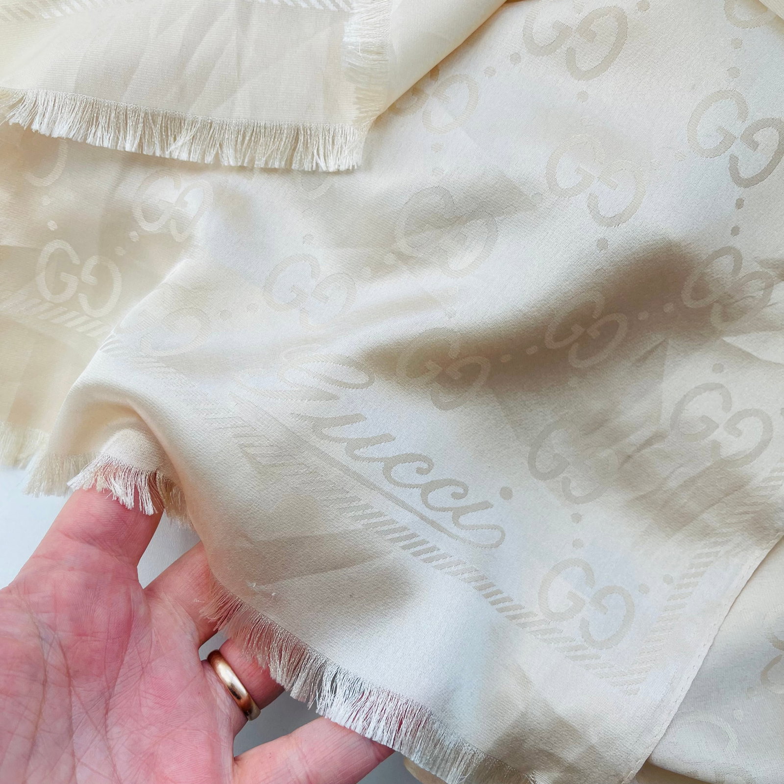 Gucci Beige Logo Silk Scarf - 6