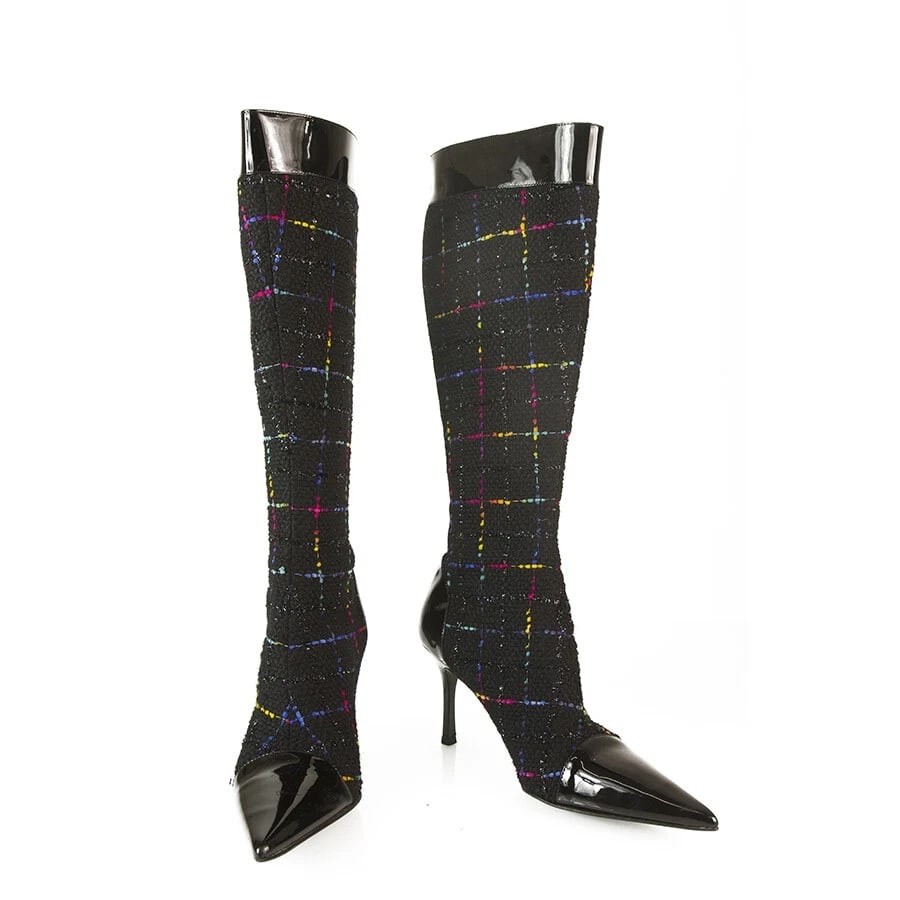 Gina Tweed Fabric Black Patent Leather Boots Slim heels Shoes Back Zipper sz 6: Title: Gina Tweed Fabric Black Patent Leather Boots Slim heels Shoes Back Zipper sz 6 Description:Gina Tweed Fabric Black Patent Leather Boots Slim heels Shoes Back Zipper sz 6 Add some style this