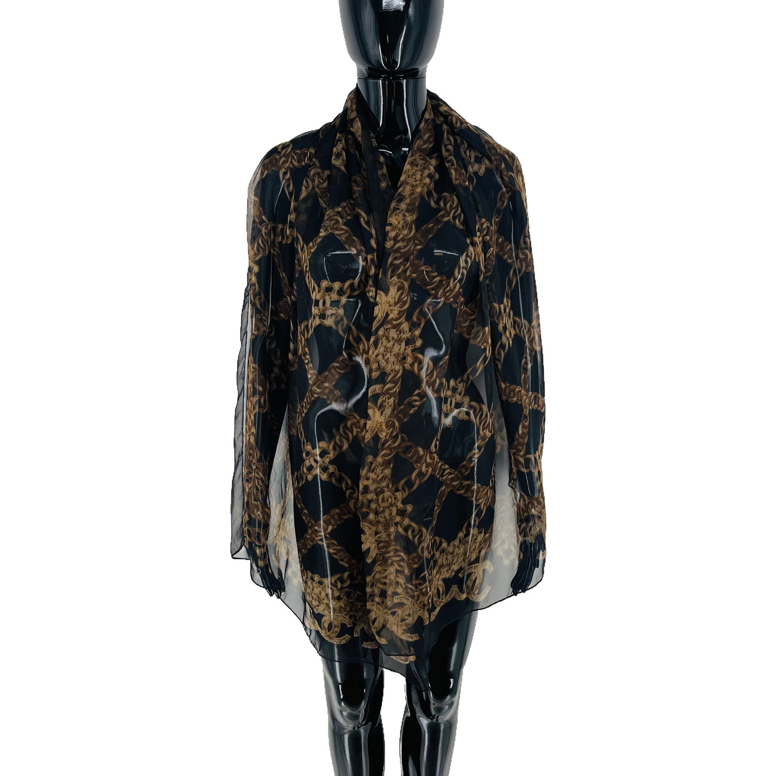 Chanel Black Printed 100% Silk Scarf: Title: Chanel Black Printed 100% Silk Scarf Brand:Chanel Date/Period:Modern Materials:100% Silk Size:One Size Description:Chanel Black Printed 100% Silk Scarf Reserve: $100.00 Shipping: Domestic: Flat