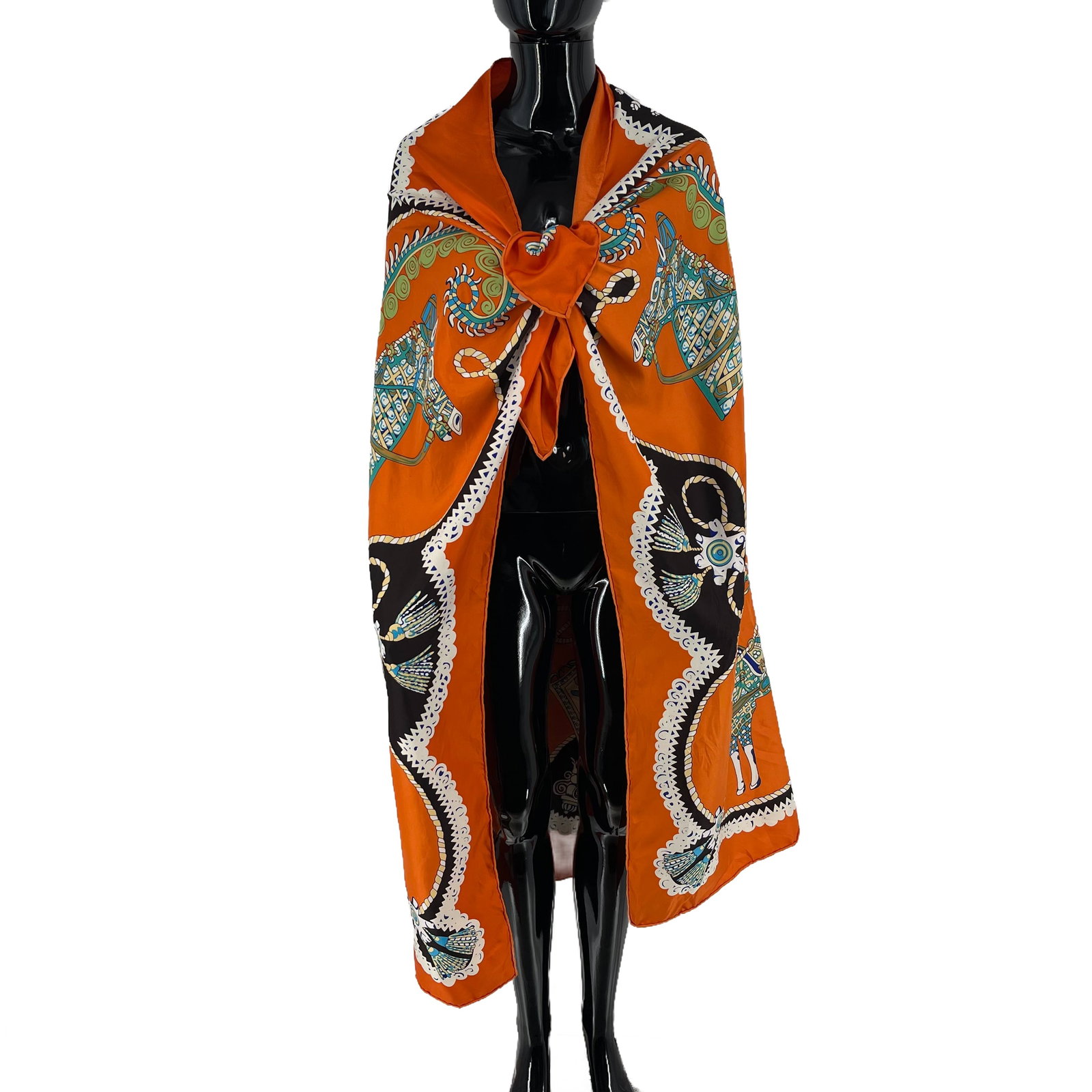 Hermes Orange Printed 100% Silk Scarf: Title: Hermes Orange Printed 100% Silk Scarf Brand:HERMES Date/Period:Modern Materials:100% Silk Size:One Size Description:Hermes Orange Printed 100% Silk Scarf Reserve: $200.00 Shipping: Domestic: Fl