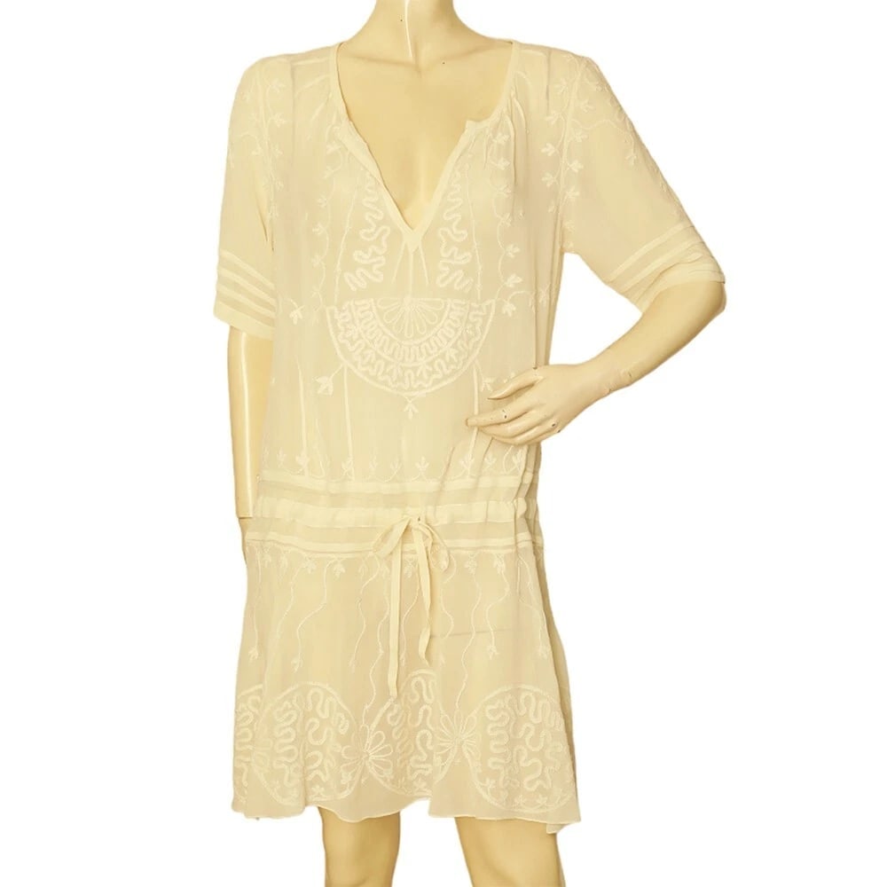 Temperley London Ivory Silk Embroidered Sheer Short Sleeve Mini Dress size UK 10: Title: Temperley London Ivory Silk Embroidered Sheer Short Sleeve Mini Dress size UK 10 Description:Temperley Black Silk Knit Beige Gold Crochet Bib Long Sleeves Mini Dress size L Temperley London