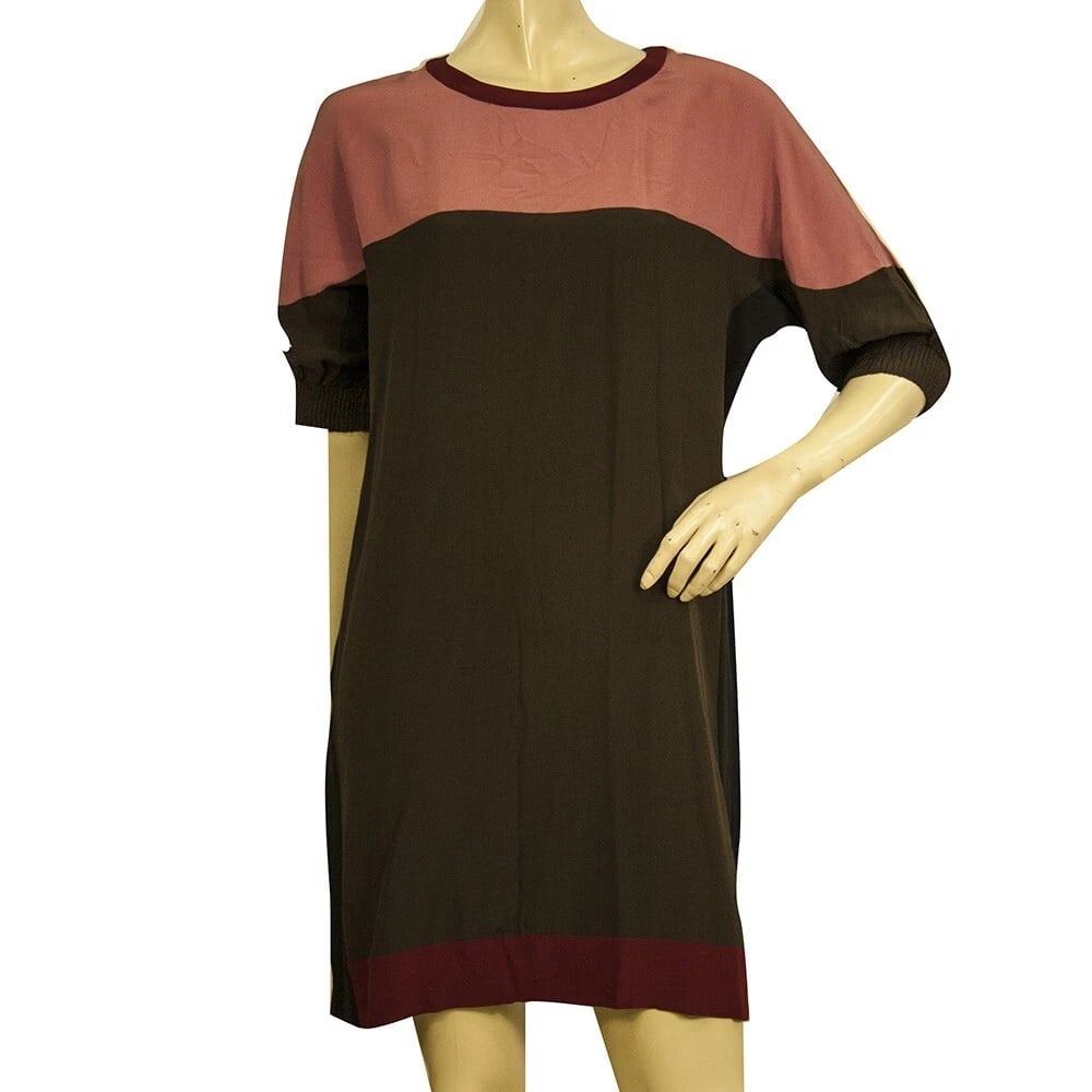 Miu Miu Brown Pink Burgundy 100% Silk Short Sleeve Mini Dress size 42 It (1 of 6)