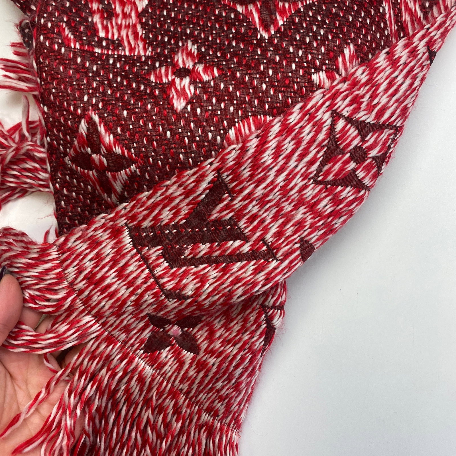 Louis Vuitton Bright Red & White Thick Wool & Silk Scarf - 9