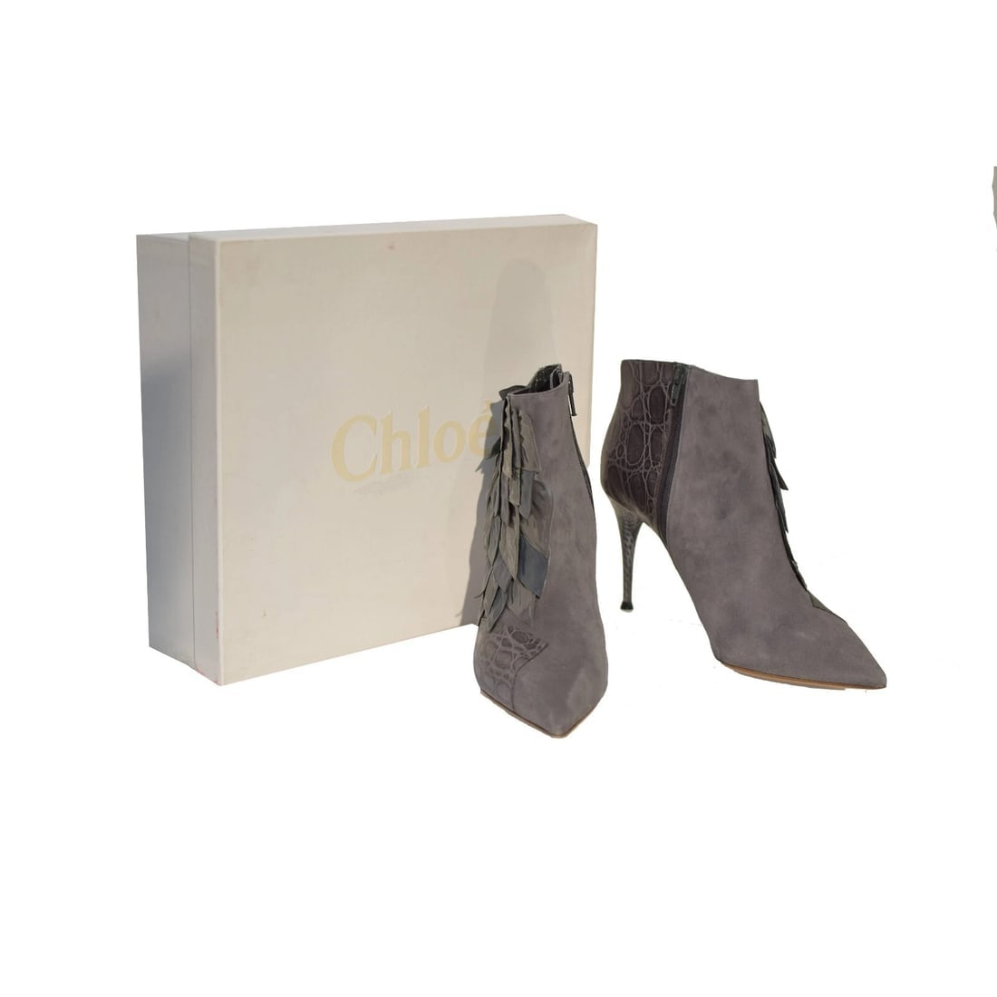 Chloe gray pointed toe crocodile embossed leather and suede ankle boots 39,5 - 11